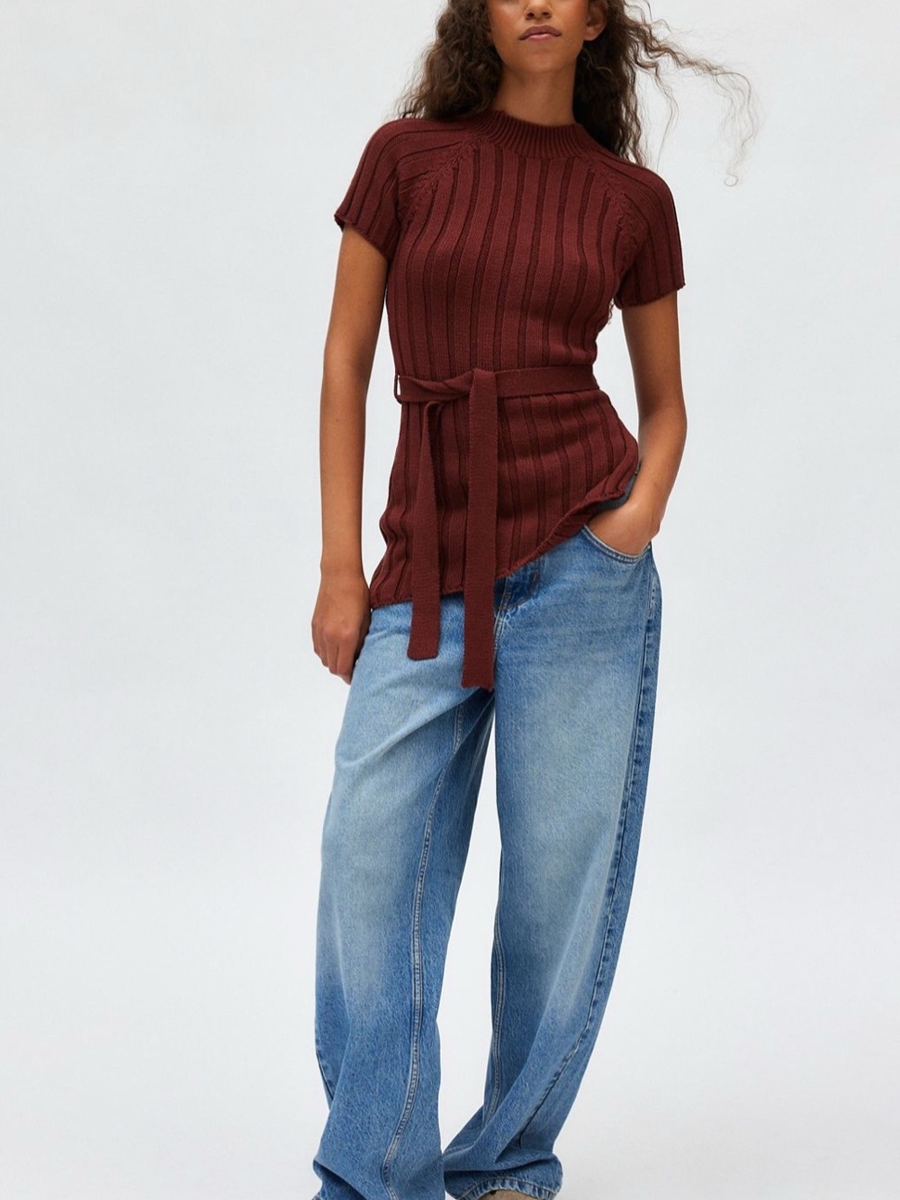 Ribbed Short Sleeve Belted Top - Deep Burgundy